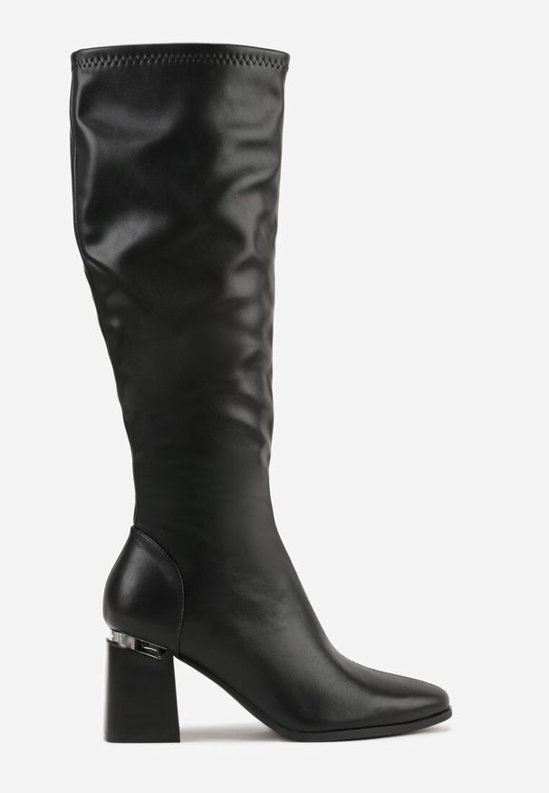 Born2be - Czarne Eleganckie Kozaki VICES na Słupku Zdobionym Metaliczną Wstawką Ranitta. Okazja: na co dzień, do pracy, na spotkanie biznesowe. Kolor: czarny. Materiał: jeans. Szerokość cholewki: normalna. Wzór: aplikacja. Obcas: na słupku. Styl: elegancki