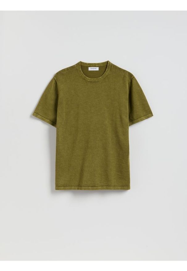 Reserved - Bawełniany sweter z krótkim rękawem - oliwkowy. Kolor: oliwkowy. Materiał: bawełna. Długość rękawa: krótki rękaw. Długość: krótkie