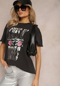 Renee - Ciemnoszary Bawełniany T-shirt z Rockowym Nadrukiem i Okrągłym Dekoltem Tahoma. Okazja: na co dzień. Kolor: szary. Materiał: bawełna. Wzór: nadruk. Styl: rockowy #1