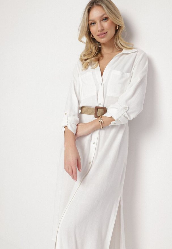 Born2be - Biała Koszulowa Sukienka z Lnem i Wiskozą z Regulowanymi Rękawami Melvezia. Okazja: na co dzień. Kolor: biały. Materiał: wiskoza, len. Typ sukienki: koszulowe. Styl: casual