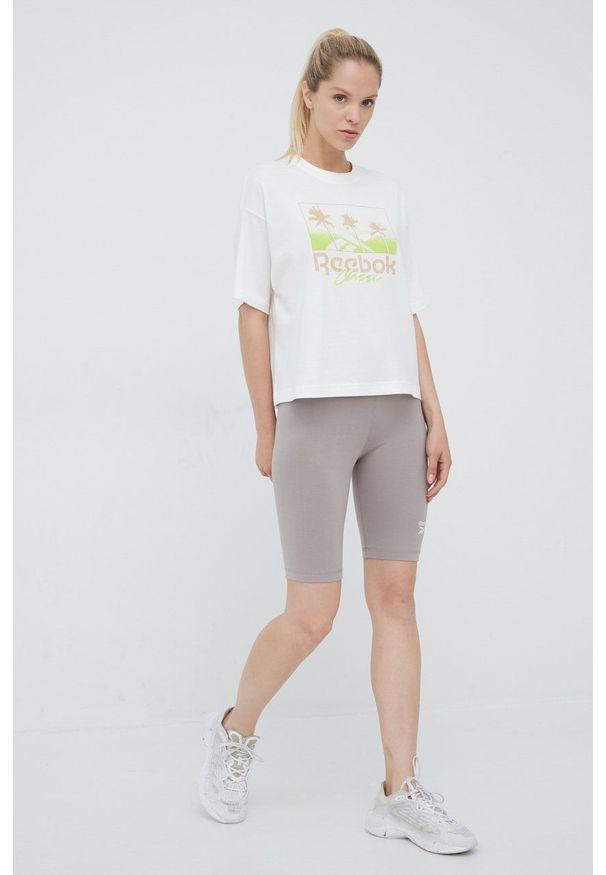 Reebok szorty treningowe Reebok Identity HB2315 damskie kolor szary gładkie high waist. Stan: podwyższony. Kolor: szary. Materiał: bawełna, dzianina, skóra. Wzór: gładki