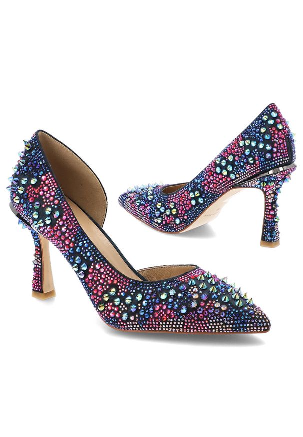 Alma En Pena - Czółenka damskie Alma en Pena, na słupku i wsuwane ze skóry naturalnej, multikolor, I250414. Okazja: na imprezę. Nosek buta: szpiczasty. Zapięcie: bez zapięcia. Kolor: wielokolorowy. Wzór: kolorowy, aplikacja. Materiał: skóra. Obcas: na słupku, na szpilce. Styl: elegancki, wizytowy. Wysokość obcasa: średni