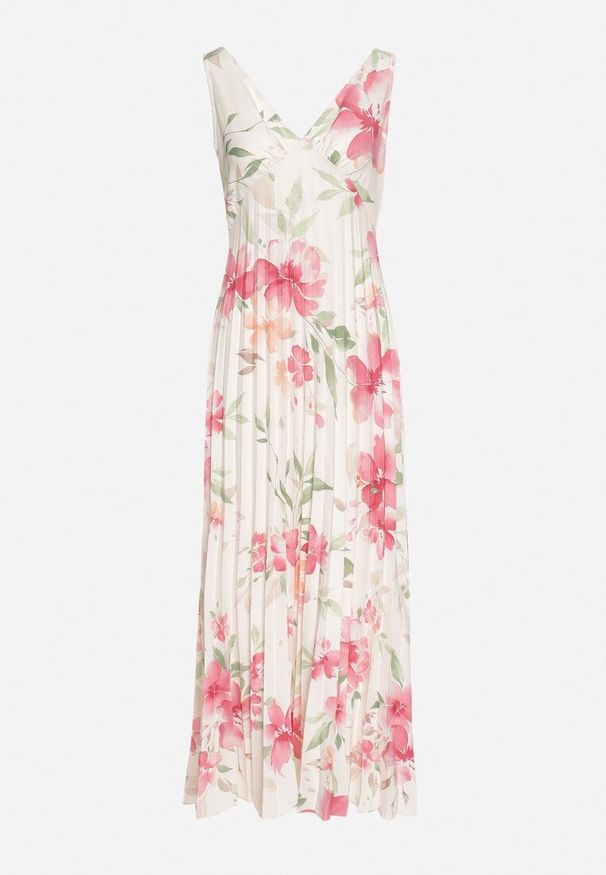 Born2be - Beżowa Sukienka o Rozkloszowanym Kroju z Plisami i Dekoltem w Serek Nitolina. Okazja: na co dzień, na spacer. Typ kołnierza: dekolt w serek. Kolor: beżowy. Materiał: jeans. Długość rękawa: na ramiączkach. Typ sukienki: rozkloszowane. Styl: casual