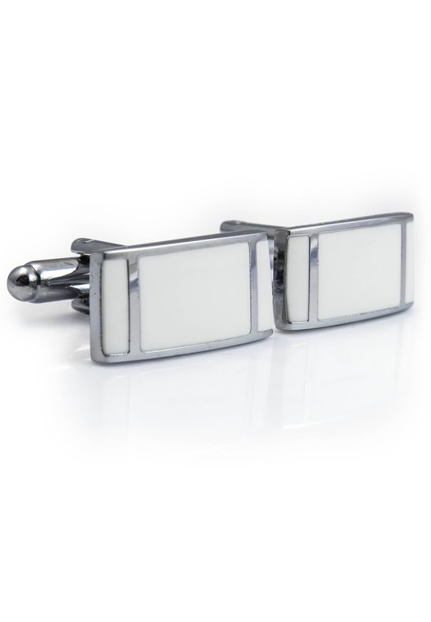 Modini - Srebrno-białe spinki do mankietów z pionowymi paskami N114. Kolor: srebrny, biały, wielokolorowy. Materiał: materiał