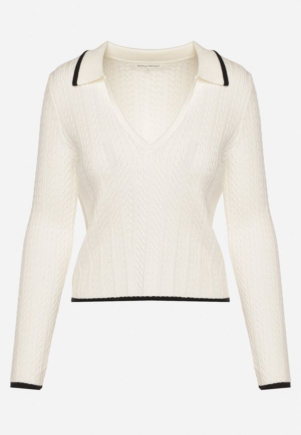 Born2be - Beżowy Sweter z Wiskozą Ozdobiony Lamówką i Tłoczeniem Esmia. Okazja: na co dzień. Kolor: beżowy. Materiał: wiskoza. Wzór: aplikacja. Styl: klasyczny, casual