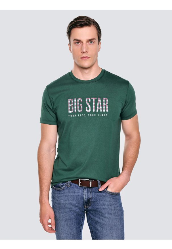 Big-Star - Koszulka męska z logo BIG STAR zielona Melsar 304. Okazja: na co dzień. Kolor: zielony. Materiał: dzianina, jeans. Wzór: nadruk. Styl: wizytowy, klasyczny, casual