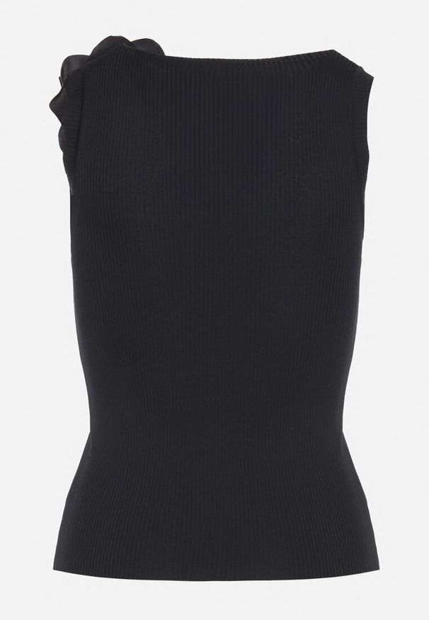 Born2be - Czarny Top z Naszywką w Kształcie Kwiatów Teralia. Okazja: na co dzień. Kolor: czarny. Wzór: aplikacja, kwiaty. Styl: casual, elegancki