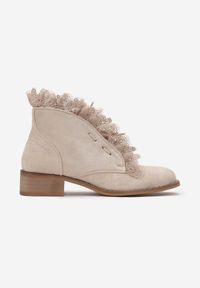 Renee - Beżowe Botki Sznurowane z Koronką Dimina. Kolor: beżowy. Materiał: koronka. Wzór: koronka #4