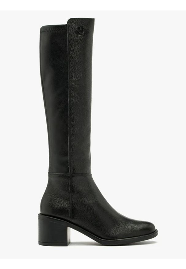 Ryłko - Czarne kozaki damskie z wąską cholewką. Nosek buta: okrągły. Zapięcie: zamek. Kolor: czarny. Materiał: skóra. Szerokość cholewki: wąska. Obcas: na obcasie. Styl: street. Wysokość obcasa: średni