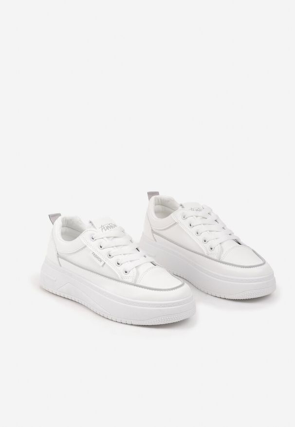 Renee - Biało-Szare Sneakersy na Platformie z Tłoczeniem i Sznurowaniem Erisandria. Nosek buta: okrągły. Zapięcie: sznurówki. Kolor: biały. Obcas: na platformie. Wysokość obcasa: średni