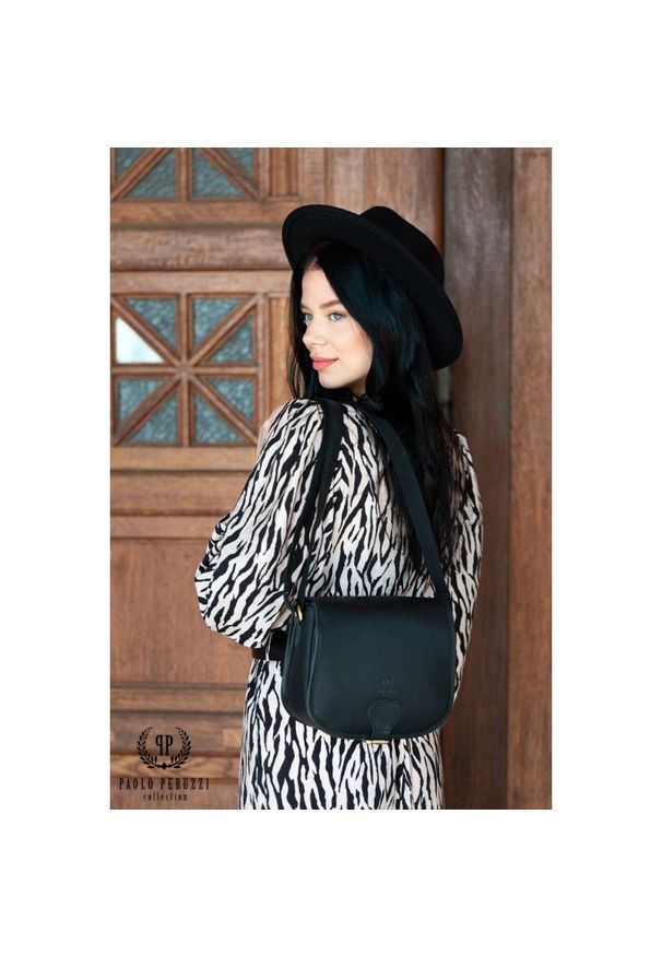 Listonoszka czarna skórzana PAOLO PERUZZI T-39-BL. Kolor: czarny. Sezon: wiosna, zima, lato. Materiał: skórzane. Styl: casual, vintage, klasyczny. Rodzaj torebki: na ramię