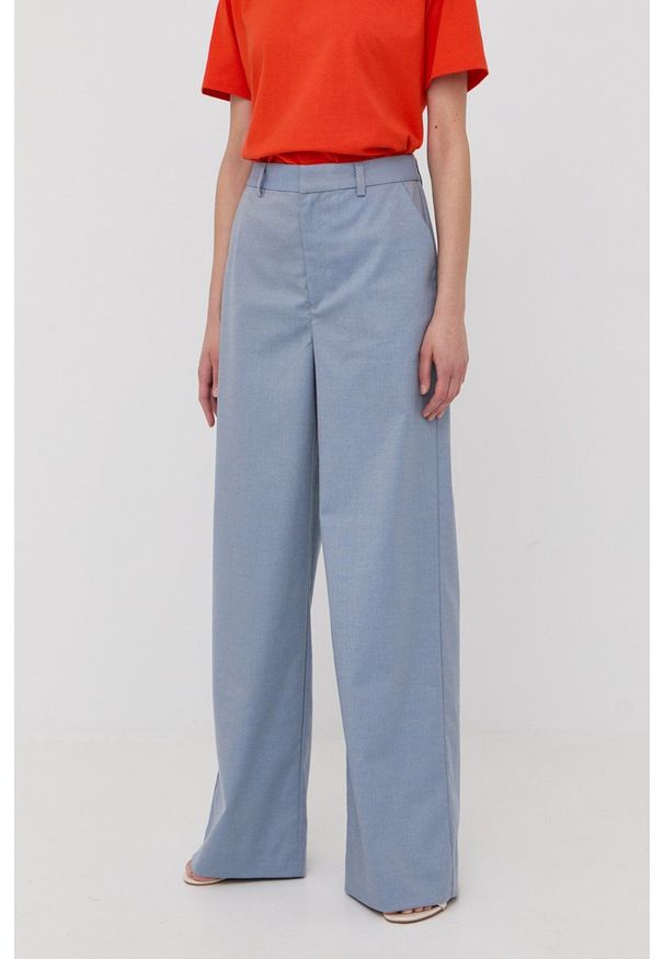 GESTUZ - Gestuz spodnie damskie szerokie high waist. Stan: podwyższony. Kolor: niebieski. Materiał: tkanina