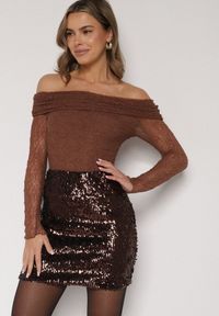 Born2be - Ciemnobrązowa Spódnica Ozdobiona Cekinami o Dopasowanym Kroju Vetisale. Kolor: brązowy. Materiał: poliester. Wzór: aplikacja. Styl: elegancki #2