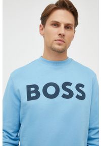 BOSS Orange - Boss Orange bluza bawełniana męska kolor niebieski z nadrukiem. Kolor: niebieski. Materiał: bawełna. Wzór: nadruk