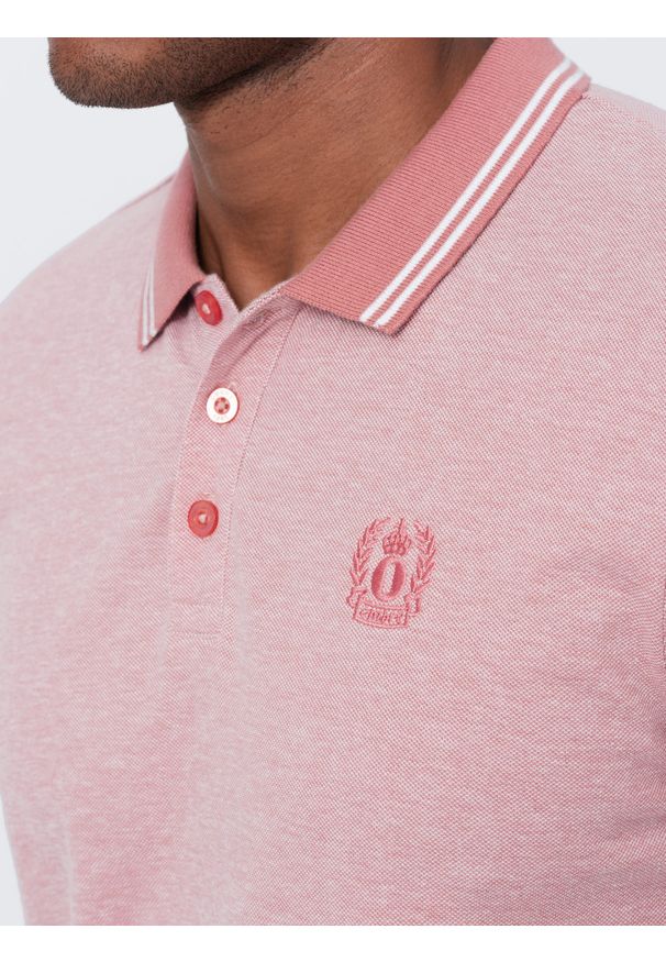 Ombre Clothing - Melanżowa koszulka męska polo z kontrastowym kołnierzykiem - różowa V2. Typ kołnierza: kołnierzyk kontrastowy, polo. Kolor: różowy. Materiał: bawełna. Wzór: melanż