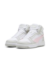 Puma - Młodzieżowe sneakersy Rebound V6 Mid PUMA White Frosty Pink Sedate Gray. Kolor: szary, biały, wielokolorowy, różowy. Sport: turystyka piesza, koszykówka