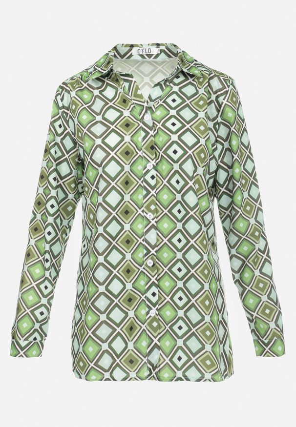 Born2be - Jasnozielona Koszula na Guziki z Geometrycznym Wzorem Ieawe. Typ kołnierza: kołnierzyk klasyczny. Kolor: zielony. Materiał: jeans. Długość rękawa: długi rękaw. Długość: długie. Wzór: geometria. Styl: klasyczny