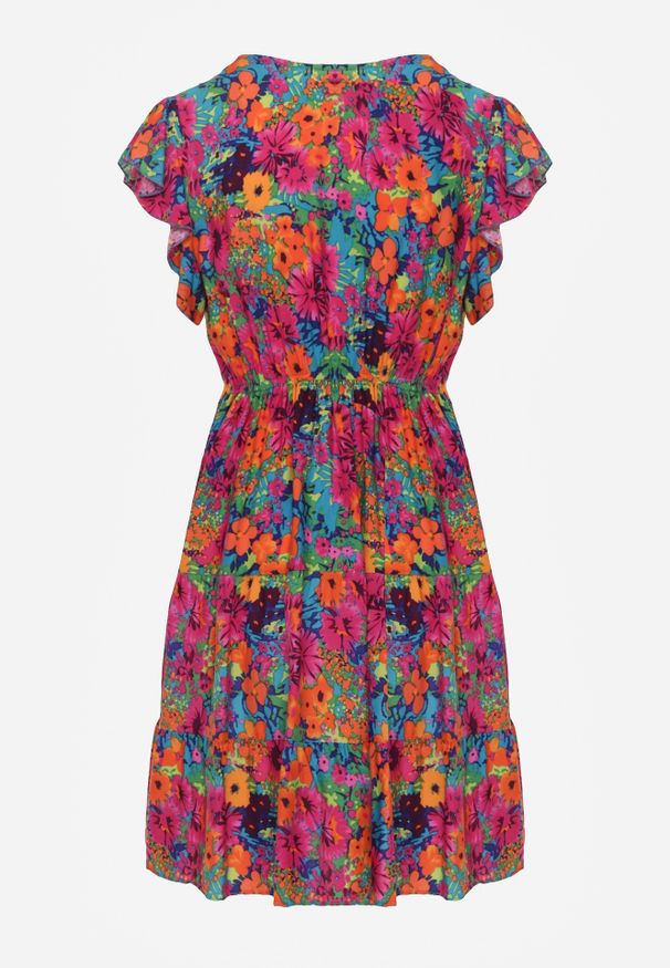 Renee - Fuksjowa Wiskozowa Sukienka Mini z Falbaną Linne. Okazja: na imprezę, na co dzień, na spacer. Typ kołnierza: dekolt w kształcie V. Kolor: różowy. Materiał: wiskoza. Sezon: lato. Typ sukienki: proste. Styl: casual. Długość: mini