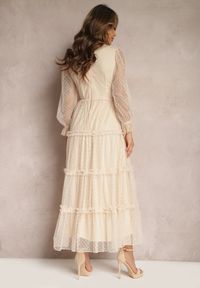 Renee - Beżowa Tiulowa Sukienka Maxi ze Wstawkami z Koronki i Ozdobnymi Guzikami Aovena. Kolor: beżowy. Materiał: tiul, koronka. Wzór: koronka. Długość: maxi
