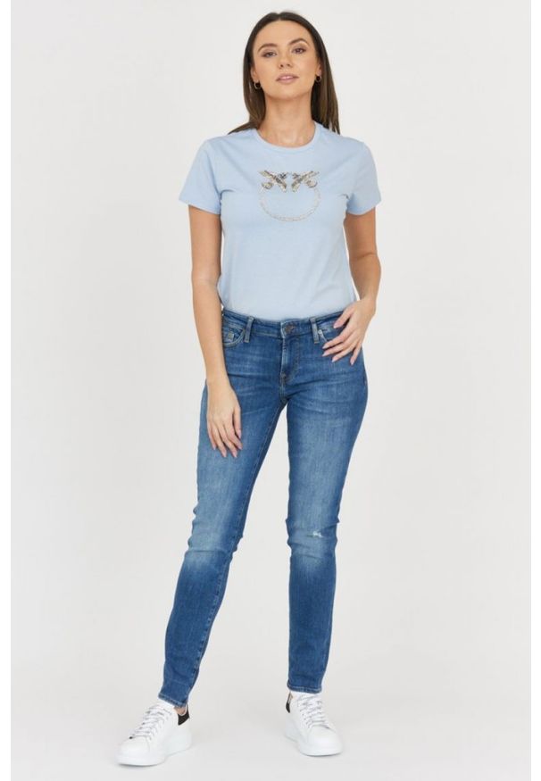 7 FOR ALL MANKIND Błękitne jeansy damskie Z PRZETARCIEM PYPER SLIM ILLUSION OUTLINE. Kolor: niebieski