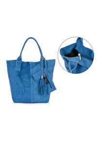 Vera pelle - Shopperka niebieska skórzana T49. Kolor: niebieski. Dodatki: z breloczkiem, z frędzlami. Materiał: skórzane #1