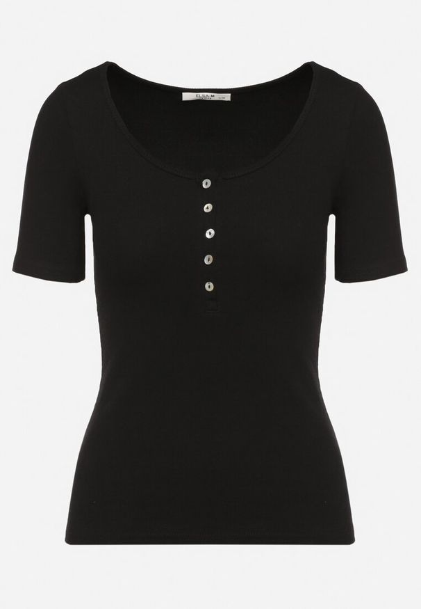 Born2be - Czarny Prążkowany T-shirt z Bawełny Ozdobiony Guzikami Tasavia. Okazja: na co dzień. Kolor: czarny. Materiał: prążkowany, bawełna. Wzór: aplikacja. Styl: klasyczny, casual