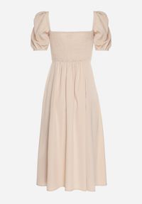 Born2be - Beżowa Sukienka w Rustykalnym Stylu z Wiązaniem przy Dekolcie i Rozcięciem Idanillea. Okazja: na spacer, na co dzień. Typ kołnierza: dekolt kwadratowy. Kolor: beżowy. Typ sukienki: rozkloszowane. Styl: casual #5