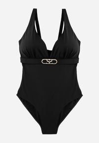 Born2be - Czarny Elegancki Strój Kąpielowy Jednoczęściowy z Metaliczną Aplikacją Vilinaith. Kolekcja: plus size. Kolor: czarny. Wzór: aplikacja #4