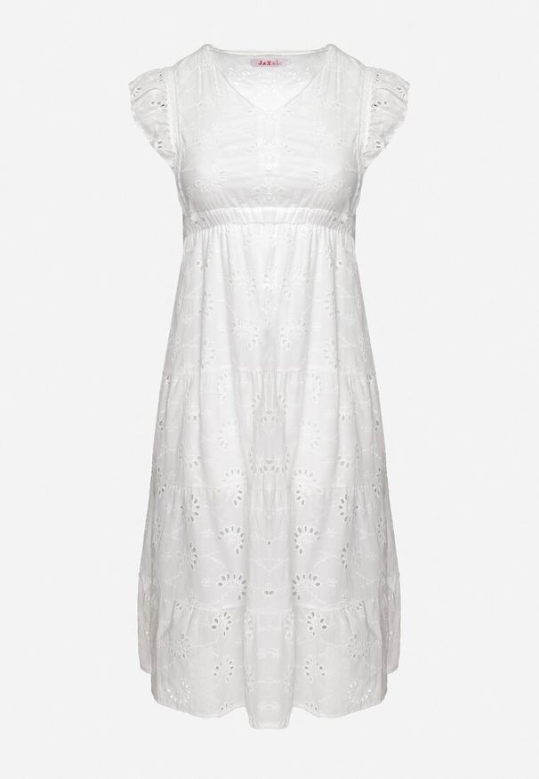 Born2be - Biała Ażurowa Sukienka z Falbanką o Rozkloszowanym Kroju Lirvolia. Okazja: na co dzień, na imprezę. Kolor: biały. Długość rękawa: krótki rękaw. Wzór: ażurowy. Sezon: lato. Typ sukienki: rozkloszowane. Styl: casual