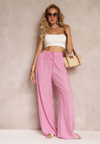 Renee - Różowe Szerokie Spodnie z Wiskozy i Gumką w Pasie Abyga. Kolor: różowy. Materiał: wiskoza #4