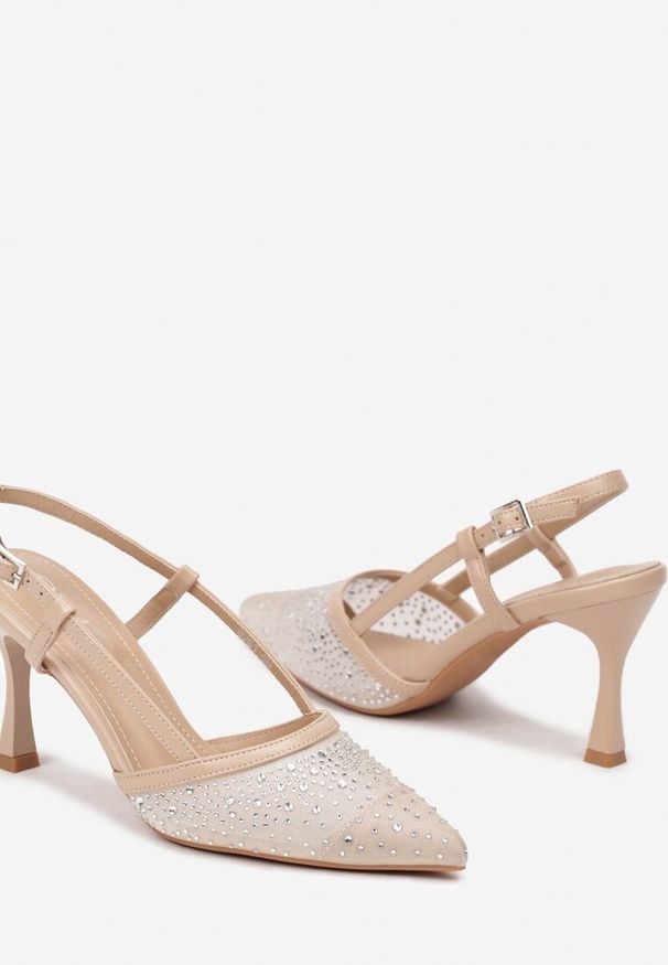 Born2be - Beżowe Eleganckie Czółenka na Szpilce z Cyrkoniami i Odkrytą Piętą Elnamia. Zapięcie: sprzączka. Kolor: beżowy. Sezon: lato. Obcas: na szpilce. Styl: elegancki