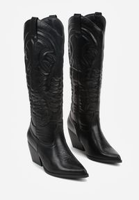 Born2be - Czarne Kozaki Kowbojki na Stożku z Przeszywanym Wzorem na Cholewce Feressa. Okazja: na co dzień. Kolor: czarny. Materiał: jeans. Szerokość cholewki: normalna. Obcas: na stożku. Styl: casual #4