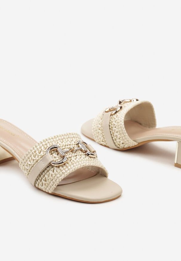 Renee - Beżowe Klapki na Słupku z Wyciółką z Imitacji Skóry z Plecionym Paskiem i Aplikacją Frisa. Okazja: na spotkanie biznesowe. Kolor: beżowy. Materiał: skóra. Wzór: aplikacja. Obcas: na słupku. Styl: biznesowy, elegancki. Wysokość obcasa: średni