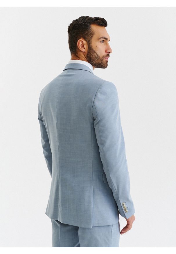 Pako Lorente - PAKO LORENTE – Błękitna marynarka garniturowa o widocznej strukturze. Okazja: na wesele, na komunię, na ślub cywilny. Kolor: niebieski. Materiał: wełna. Styl: elegancki