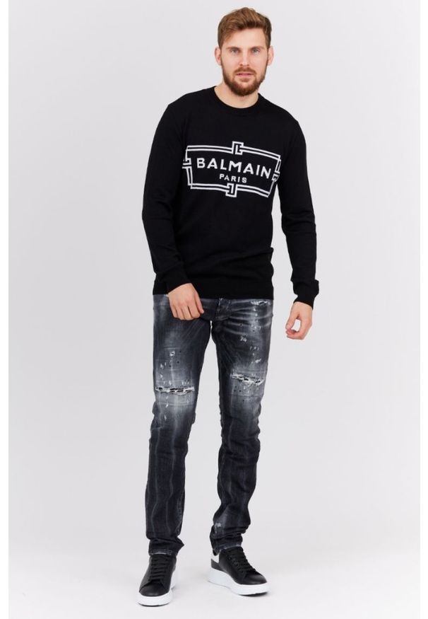 Balmain - BALMAIN Czarny sweter męski z wełny merino. Kolor: czarny. Materiał: wełna
