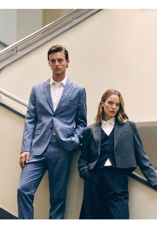 Reserved - Marynarka slim fit w kratę - niebieski. Kolor: niebieski. Materiał: wiskoza, tkanina