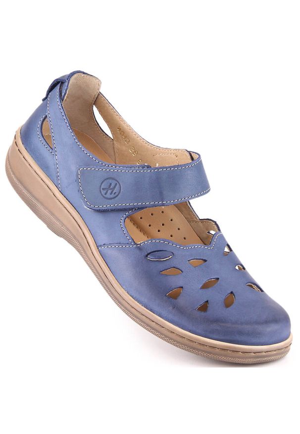 Skórzane komfortowe półbuty damskie ażurowe na rzep niebieskie Helios 4043.042. Zapięcie: rzepy. Kolor: niebieski. Materiał: skóra. Wzór: ażurowy