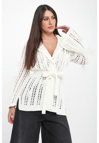 Twinset Milano - Kardigan damski ażurowy z piórkami TWINSET. Wzór: ażurowy #1