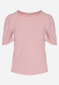 Born2be - Różowy Prążkowany T-shirt z Zakładkami przy Rękawach Kolanovia. Okazja: na co dzień. Kolor: różowy. Materiał: prążkowany. Styl: casual #3