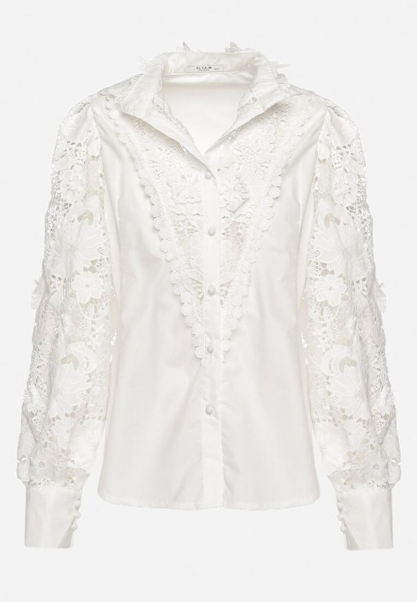 Born2be - Biała Koszula ze Wstawkami z Koronki Arema. Okazja: na spotkanie biznesowe. Kolor: biały. Materiał: koronka. Długość rękawa: długi rękaw. Długość: długie. Wzór: koronka. Styl: biznesowy, klasyczny