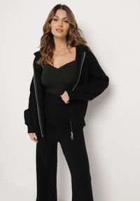 Born2be - Czarny Komplet z Wełną i Bawełną Szerokie Spodnie i Rozpinana Bluzka z Kapturem Reikania. Kolor: czarny. Materiał: wełna, bawełna #6