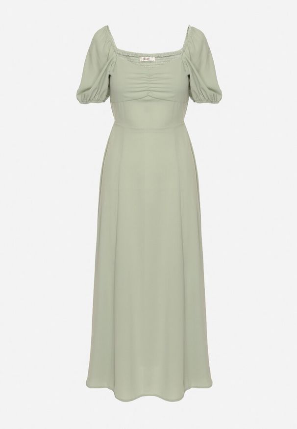 Born2be - Zielona Koktajlowa Sukienka Typu Hiszpanka z Rozcięciem Vikita. Typ kołnierza: dekolt hiszpanka. Kolor: zielony. Długość rękawa: krótki rękaw. Styl: wizytowy