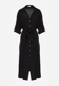 Born2be - Czarna Bawełniana Sukienka Koszulowa z Paskiem i Regulowanymi Rękawami Sadevia. Okazja: na co dzień, do pracy, na spotkanie biznesowe, na spacer. Kolor: czarny. Materiał: bawełna. Typ sukienki: koszulowe. Styl: klasyczny, casual, biznesowy, elegancki. Długość: midi #2