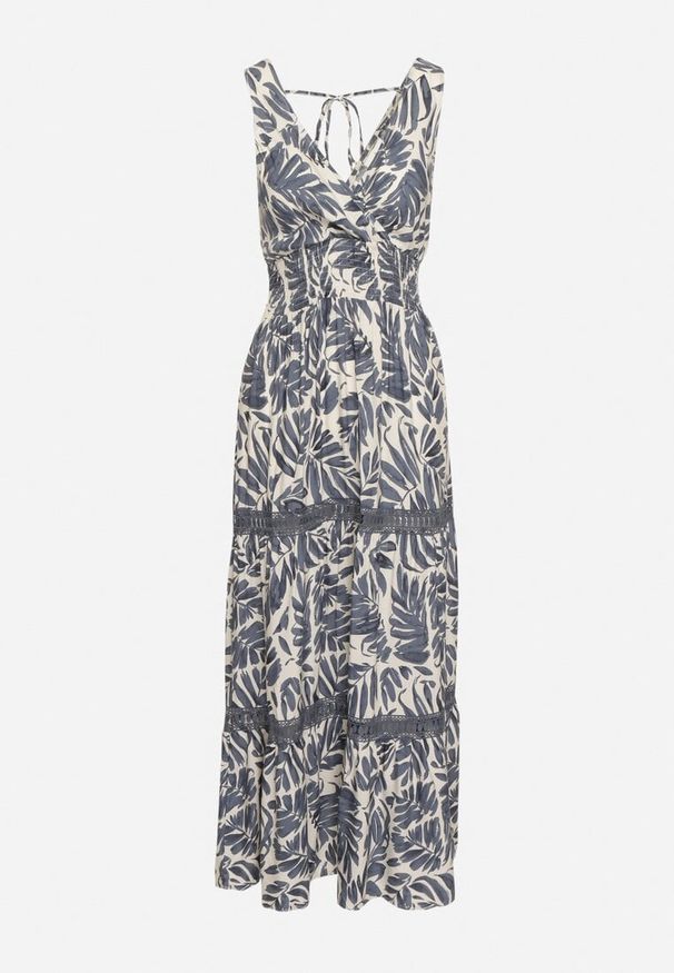 Born2be - Niebiesko-Biała Sukienka wana Bawełniana Sukienka w Kwiaty z Wiązaniem na Szyi i Gumką w Talii Rivasna. Okazja: na co dzień. Kolor: niebieski. Materiał: bawełna. Wzór: kwiaty. Sezon: wiosna, lato. Styl: casual