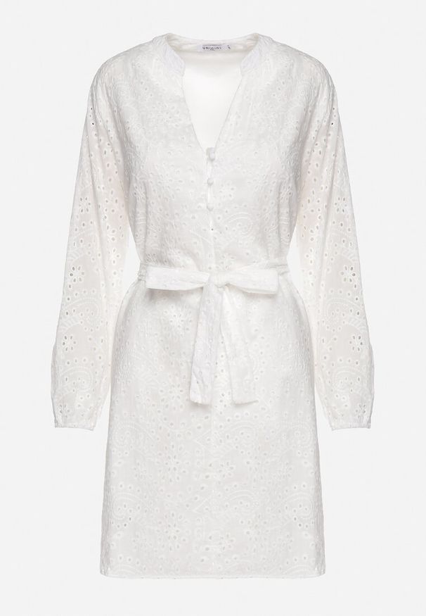 Born2be - Biała Haftowana Bawełniana Sukienka na Guziki z Gumką i Paskiem w Talii Siblea. Okazja: do pracy, na spotkanie biznesowe. Kolor: biały. Materiał: bawełna. Wzór: haft. Styl: elegancki, biznesowy