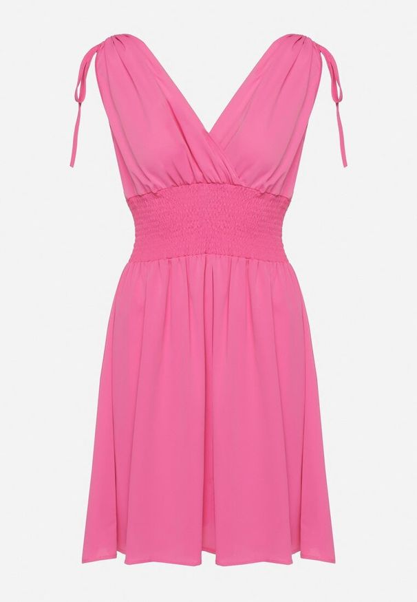 Born2be - Różowa Sukienka z Kopertowym Dekoltem Ściągana na Ramionach z Gumką w Talii Cornia. Typ kołnierza: dekolt kopertowy. Kolor: różowy. Typ sukienki: kopertowe