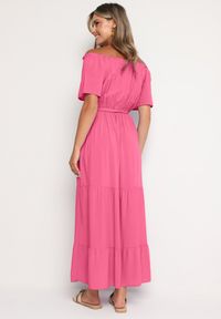 Born2be - Ciemnoróżowa Sukienka z Wiskozy Telephanassa. Typ kołnierza: dekolt hiszpanka. Kolor: różowy. Materiał: wiskoza. Długość rękawa: krótki rękaw. Wzór: gładki. Typ sukienki: rozkloszowane. Długość: maxi #5