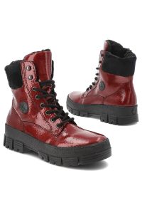 Czerwone Botki Rieker Lakierowane Buty Damskie. Okazja: na co dzień. Zapięcie: sznurówki. Kolor: czerwony. Materiał: lakier. Szerokość cholewki: normalna. Sezon: zima. Styl: casual, klasyczny #6