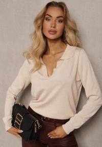Renee - Beżowy Sweter z Wiskozą i Ozdobnym Kołnierzykiem Ceaola. Okazja: na co dzień, na spotkanie biznesowe, do pracy. Kolor: beżowy. Materiał: wiskoza. Styl: biznesowy, casual #4