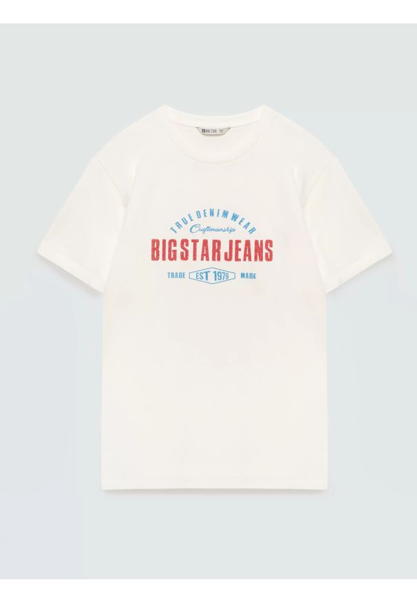 Big-Star - Koszulka męska z kontrastowym nadrukiem biała Sers 100. Kolor: biały. Materiał: denim, skóra, dzianina. Wzór: nadruk. Styl: elegancki, klasyczny